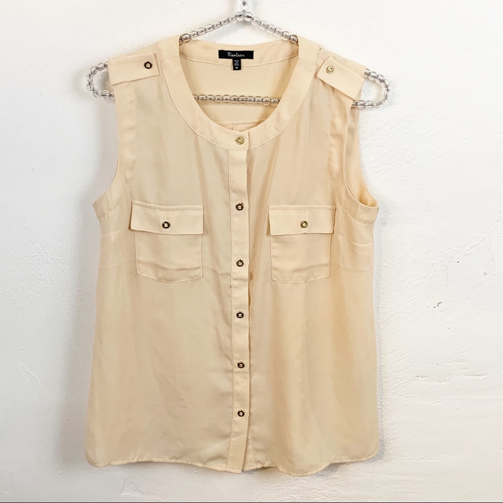 Monteau l Tan Sheer Button Up Sleeveless Top